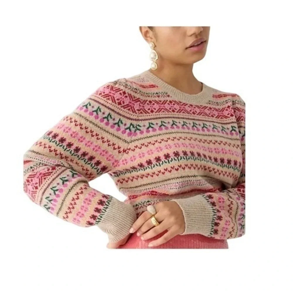 J. Crew Puff Sleeve‎ Fair Isle Crewneck Sweater Floral Cherry Print XL